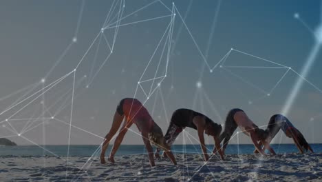 Animation-of-data-processing-over-group-of-female-friends-practicing-yoga,-meditating-at-the-beach