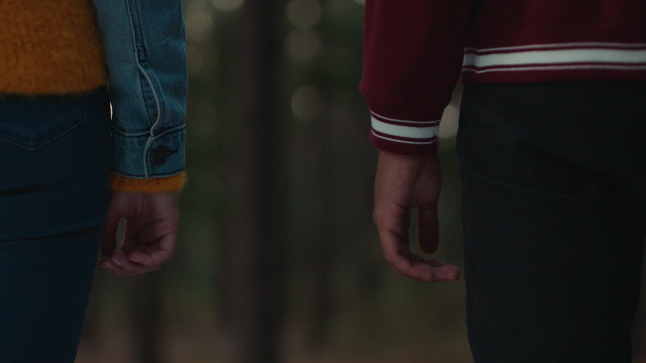 해가 지는 날 숲에서 손을 잡고 있는 십대 커플 남자친구가 여자친구의 작은 손가락을 놀이하게 잡고 숲에서  ⁇ 만적인 관계를 나누는 행복한 젊은 연인들