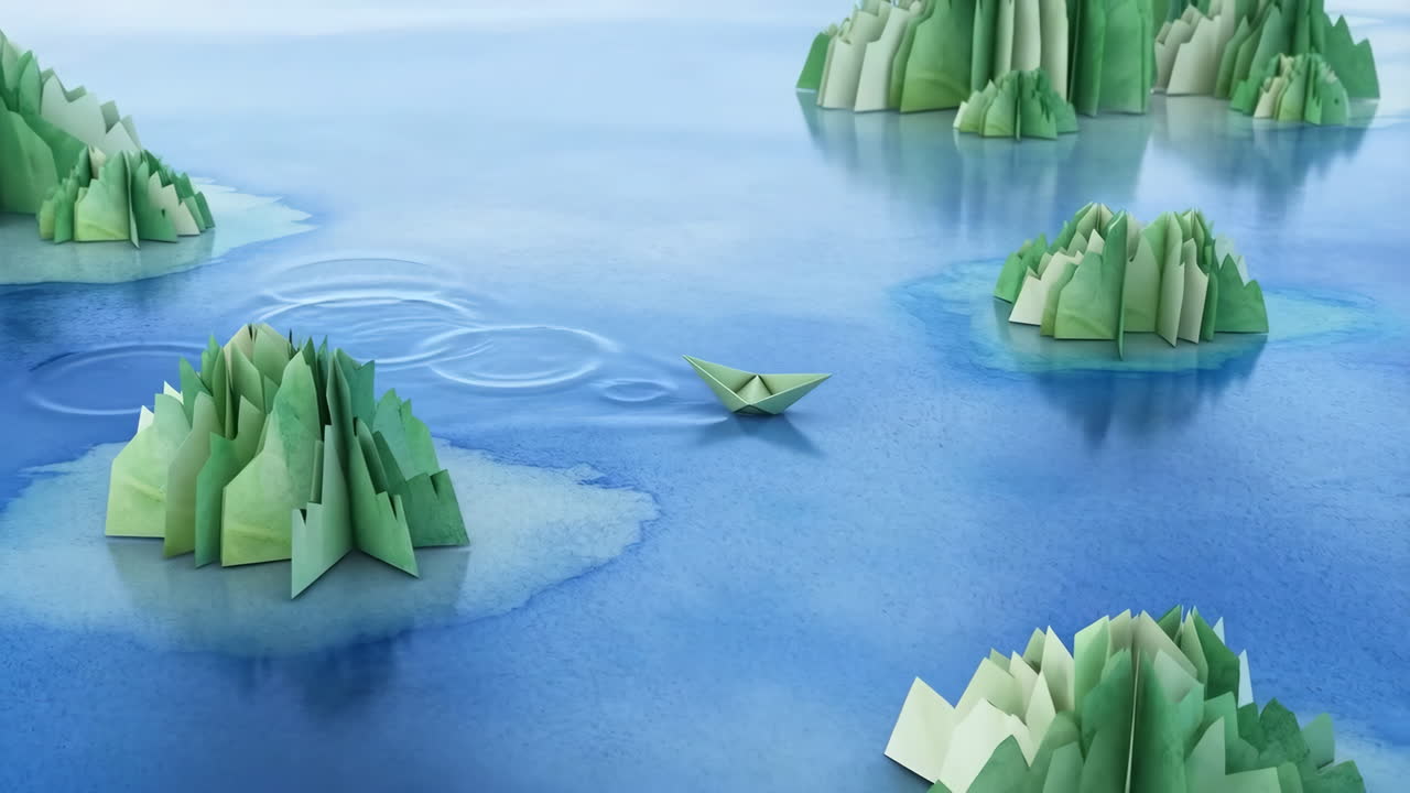 Paper Boat Navigating Abstract Paper Islands on Blue Water