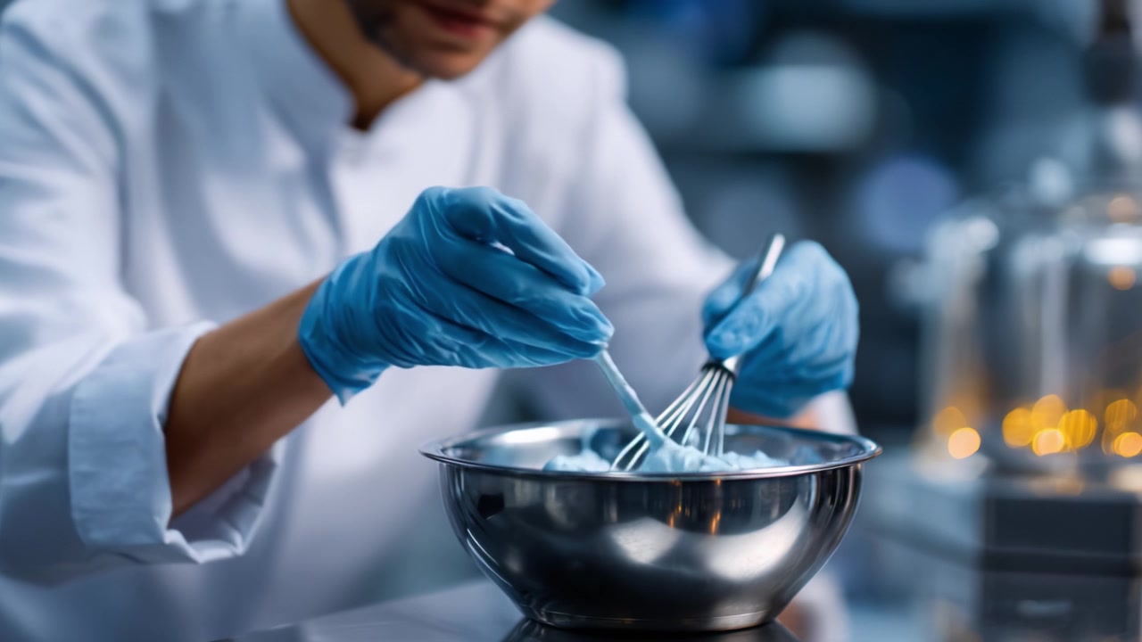 A Chef in Blue Gloves Skillfully Whisks Culinary Mixture in a Stainless Steel Bowl, Capturing the Art of Cooking in a Modern Kitchen Environment