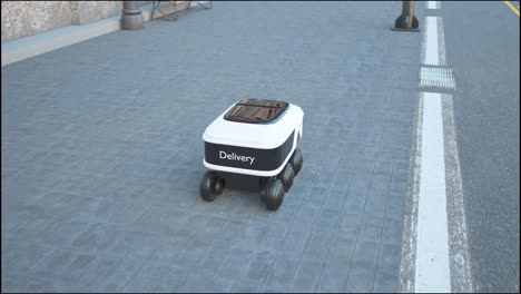 automated delivery robot service driving on urban street. modern smart wireless robot delivers goods or food to a customer. new technological iot business industry of delivery logistic of online shop