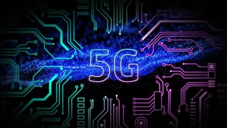 Animation-of-5g-text-banner-and-microprocessor-connections-against-blue-glowing-digital-wave
