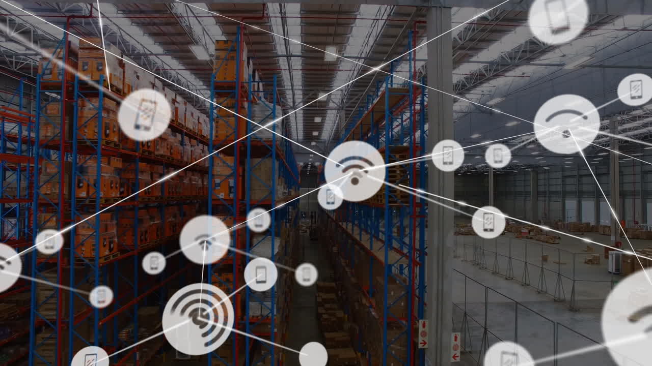 animación de la red de iconos wifi conectados sobre estanterías en el almacén