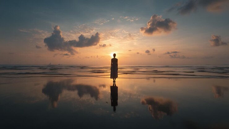 Una figura solitaria si erge sul bordo di una spiaggia tranquilla, bagnata dal caldo bagliore di un tramonto, che riflette la bellezza della natura nelle calme acque sottostanti