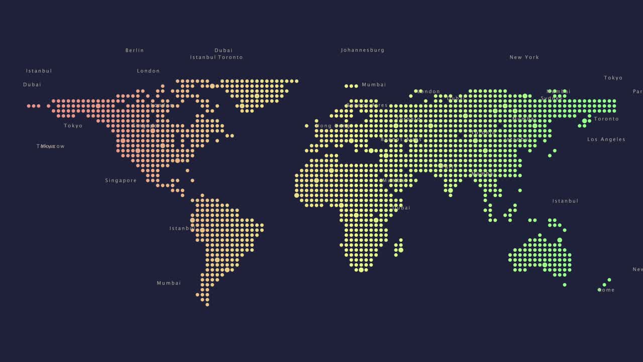 Digital world map with purple dots highlighting major cities