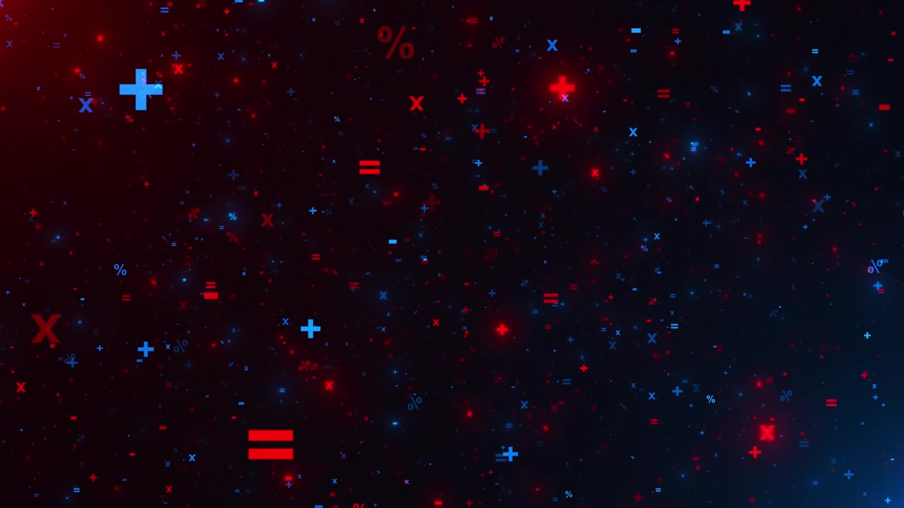Red and blue mathematical symbols float across a dark gradient creating an educational background