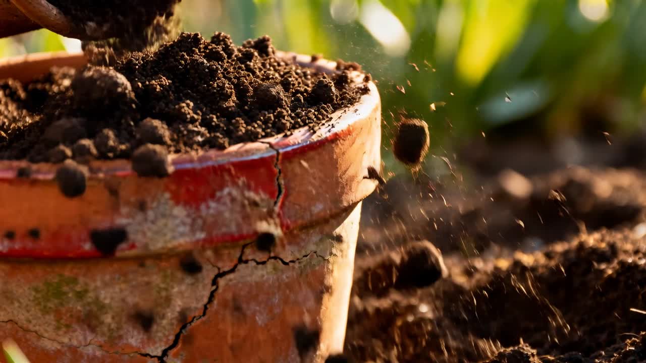 Riempimento di un vaso di terracotta crepato in giardino, mano del giardiniere che raccoglie terra, mucchietto che si forma per la piantumazione.