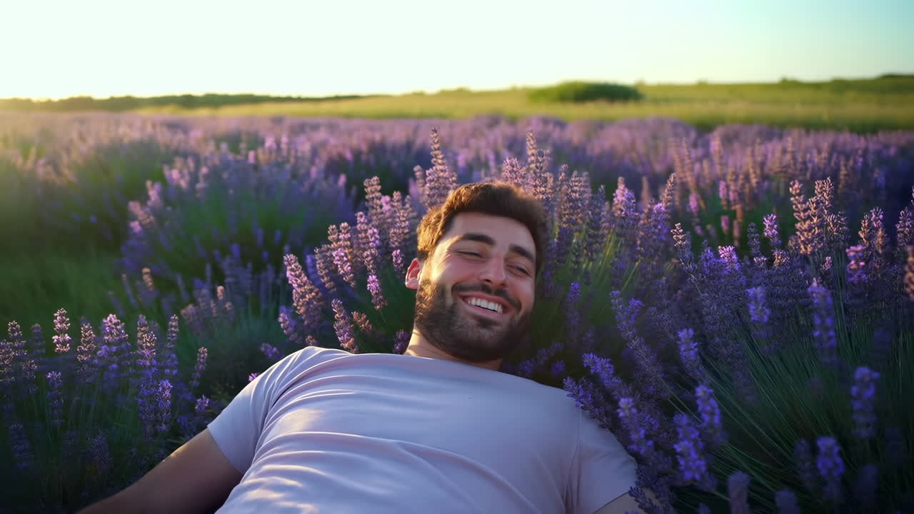 Uomo caucasico sdraiato in un campo di lavanda, luce dorata del tramonto, primo piano di uomo sorridente con camicia bianca.