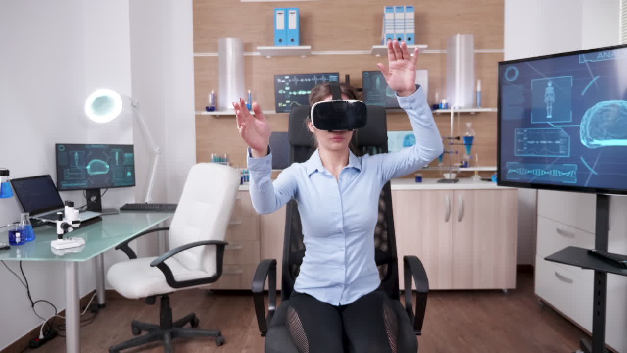 Beautiful female scientist using virtual reality goggles