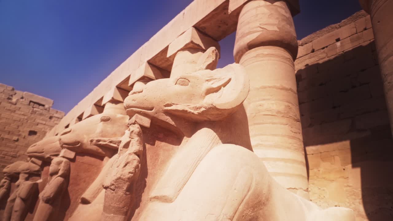 "Road of Rams" by the Karnak Temple in Luxor, Egypt.
Close up shot, slow rotation with low depth of field.