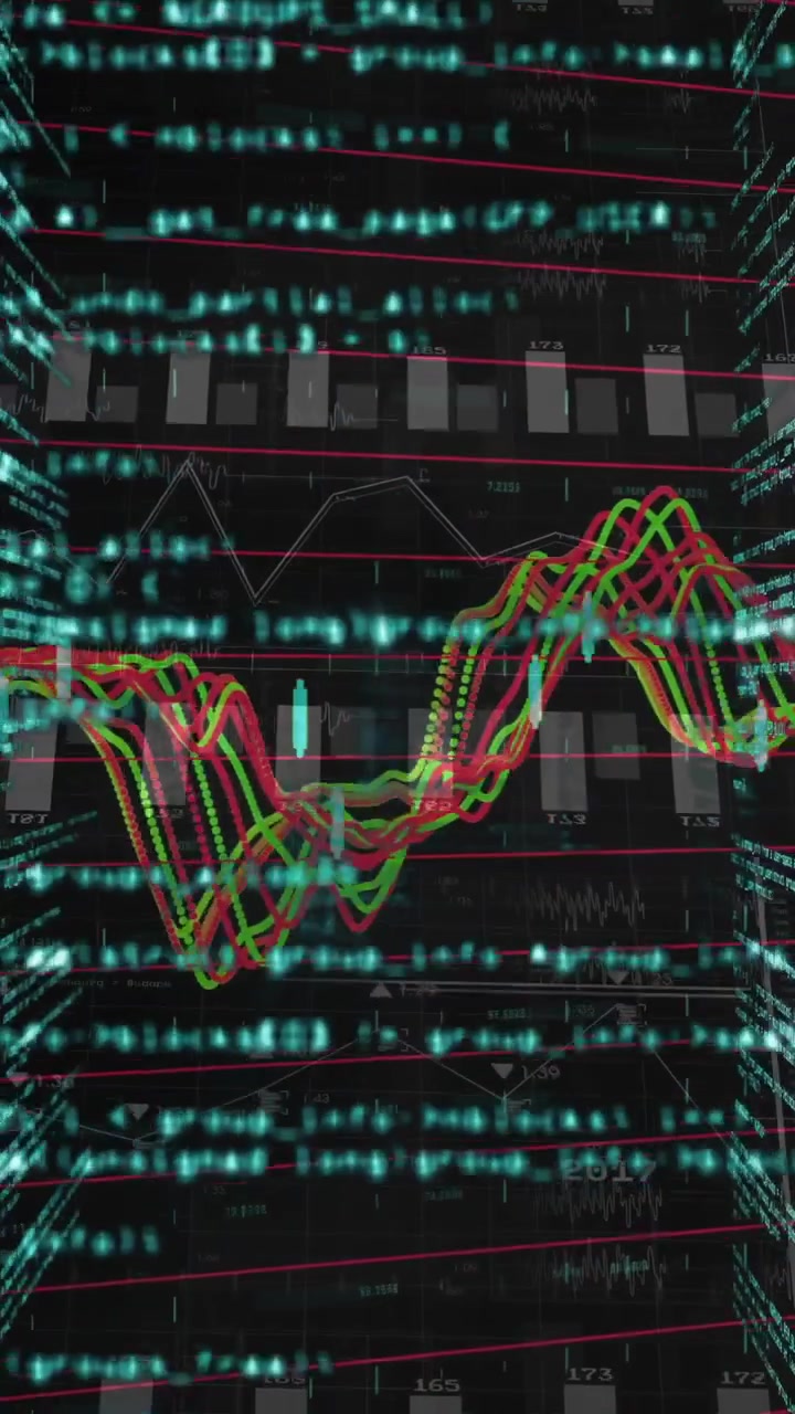 Financial data and coding animation over fluctuating stock market graph