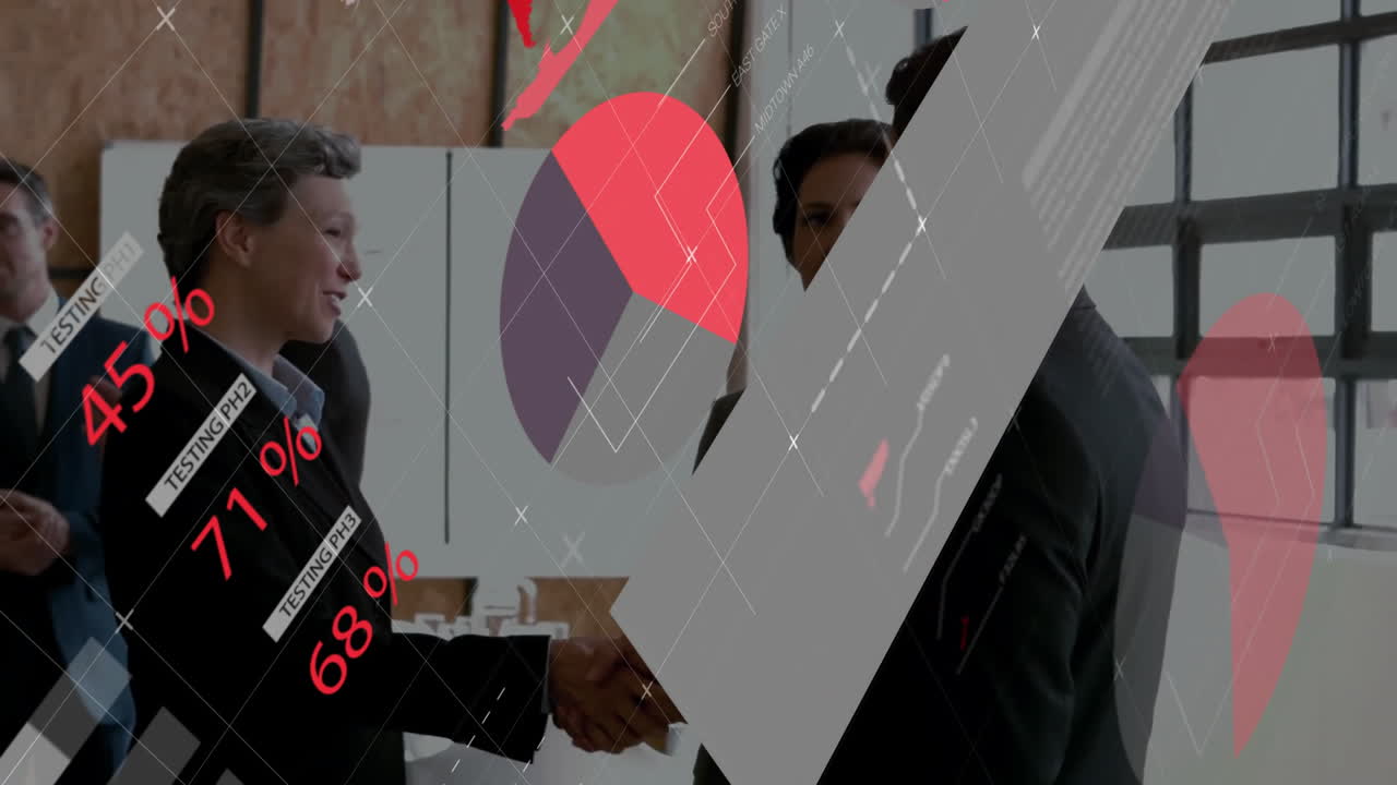 Animation of financial data processing over diverse business people in office