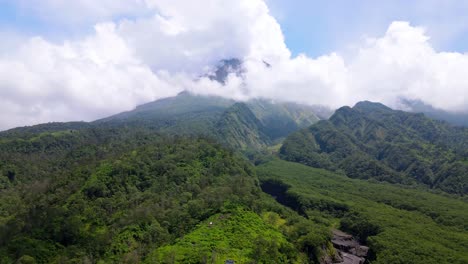 vista aérea del bosque y la pradera en la ladera de la montaña con una gran grieta a medida que la lava fluye cuando un volcán entra en erupción