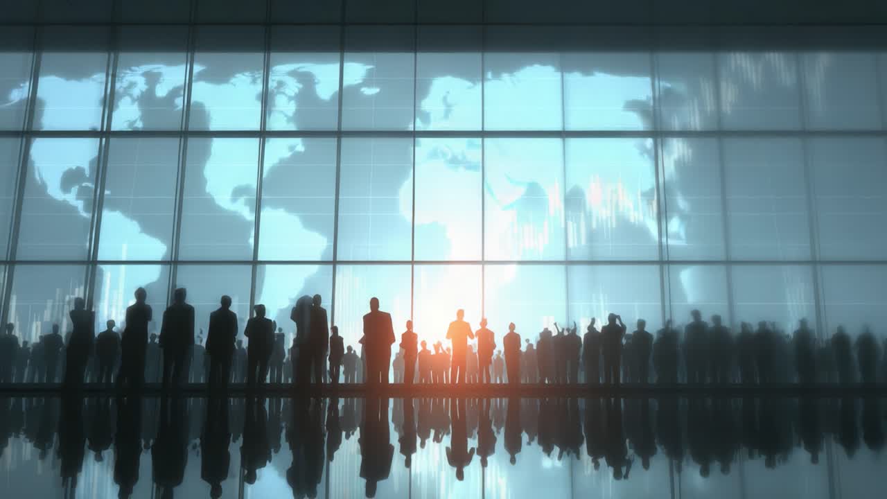 A Diverse Crowd Silhouetted Against a Modern Glass Wall with World Map and Dynamic Graphs, Reflecting Global Connectivity and Collaboration in a Corporate Environment