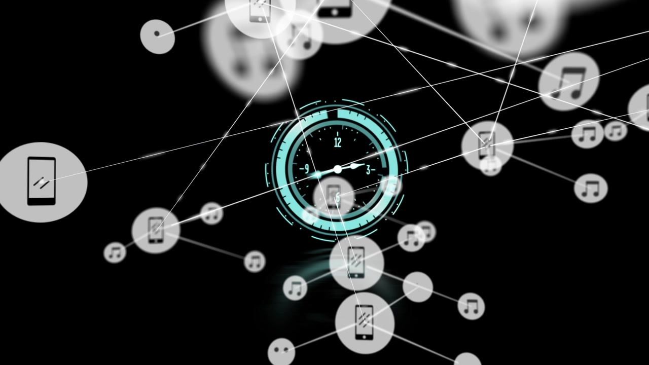 Animation of network of connections with icons over clock