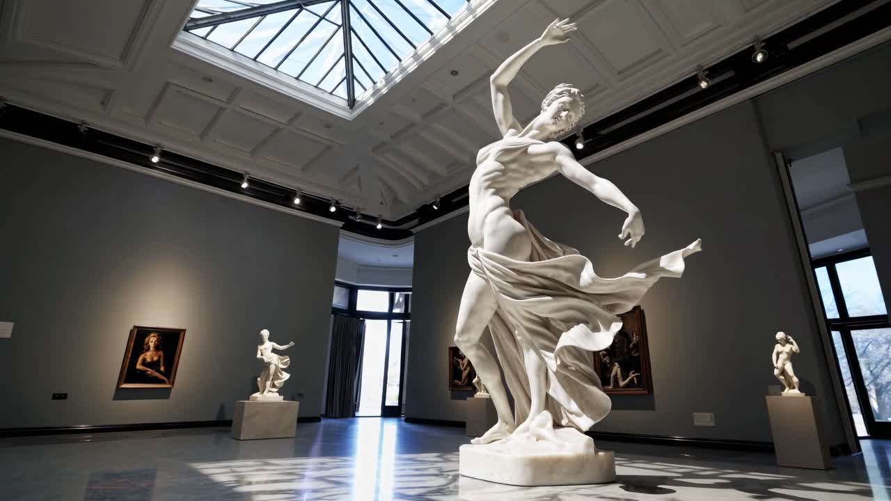 A dynamic low-angle video shot of a marble statue in a gallery, highlighting its graceful form
