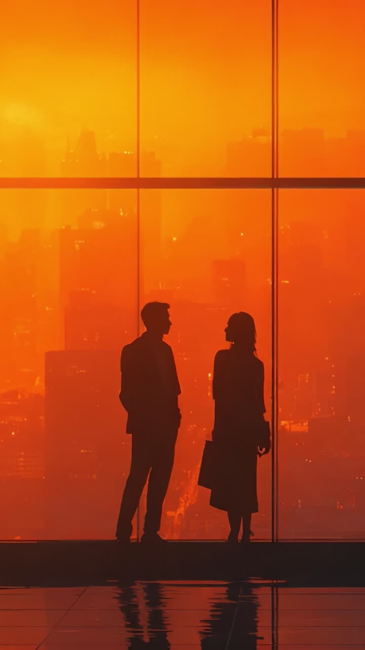 Siluetas de una pareja al atardecer con tonos anaranjados: conexión y emoción capturadas en un precioso entorno urbano con una vista impresionante