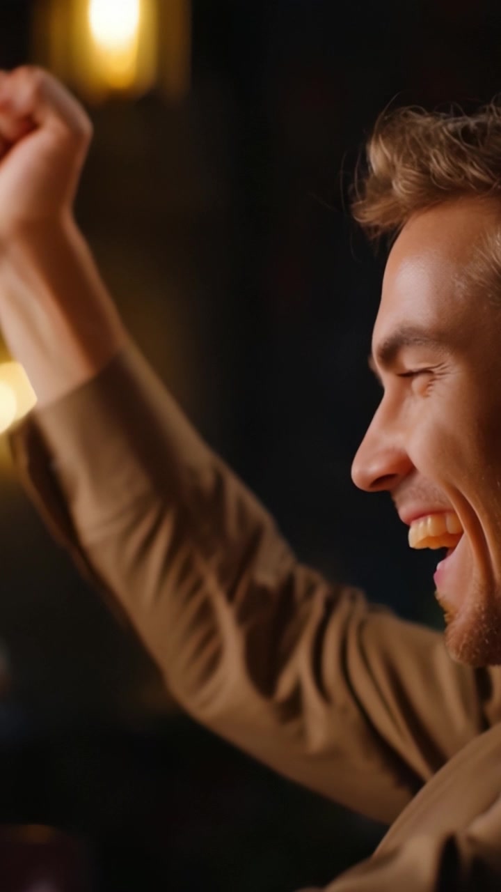 Una celebrazione gioiosa catturata in due fotogrammi, che mostra il sorriso contagioso e la mano alzata di un uomo, incarnando lo spirito di felicità ed eccitazione nel momento.