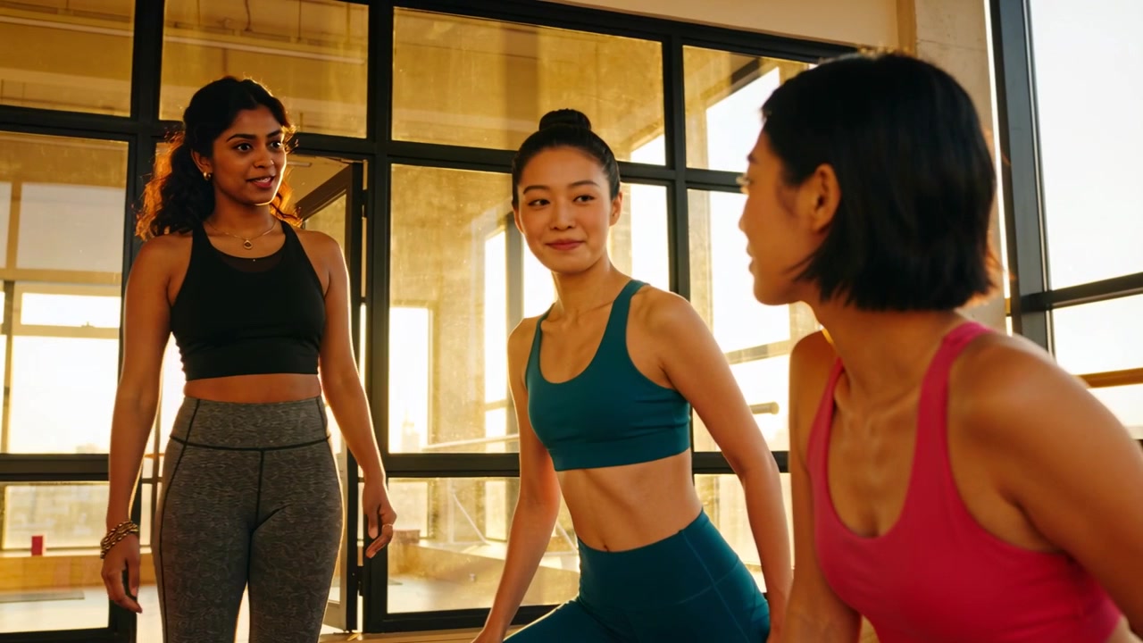 High-fiving teal activewear woman nodding as newcomer entering glass door to join class with mats