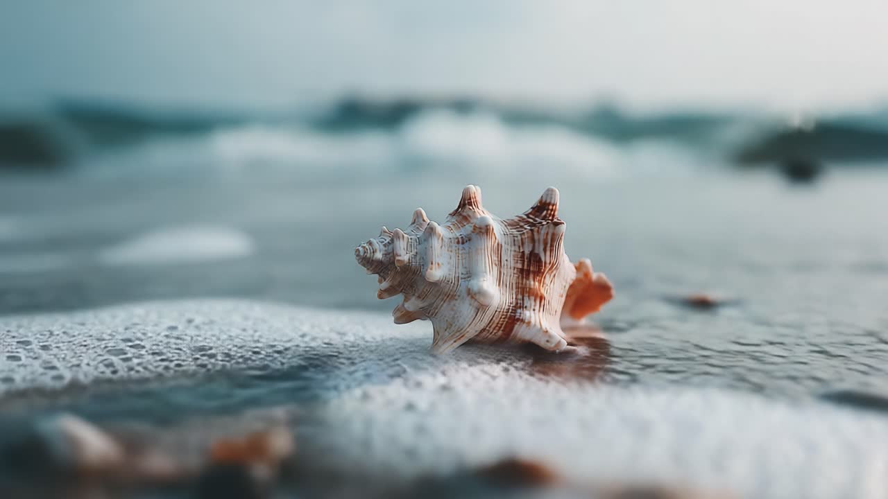 A Beautiful Shell Resting on the Shore, Emphasizing the Intricate Details and Soft Waves of the Ocean in the Background