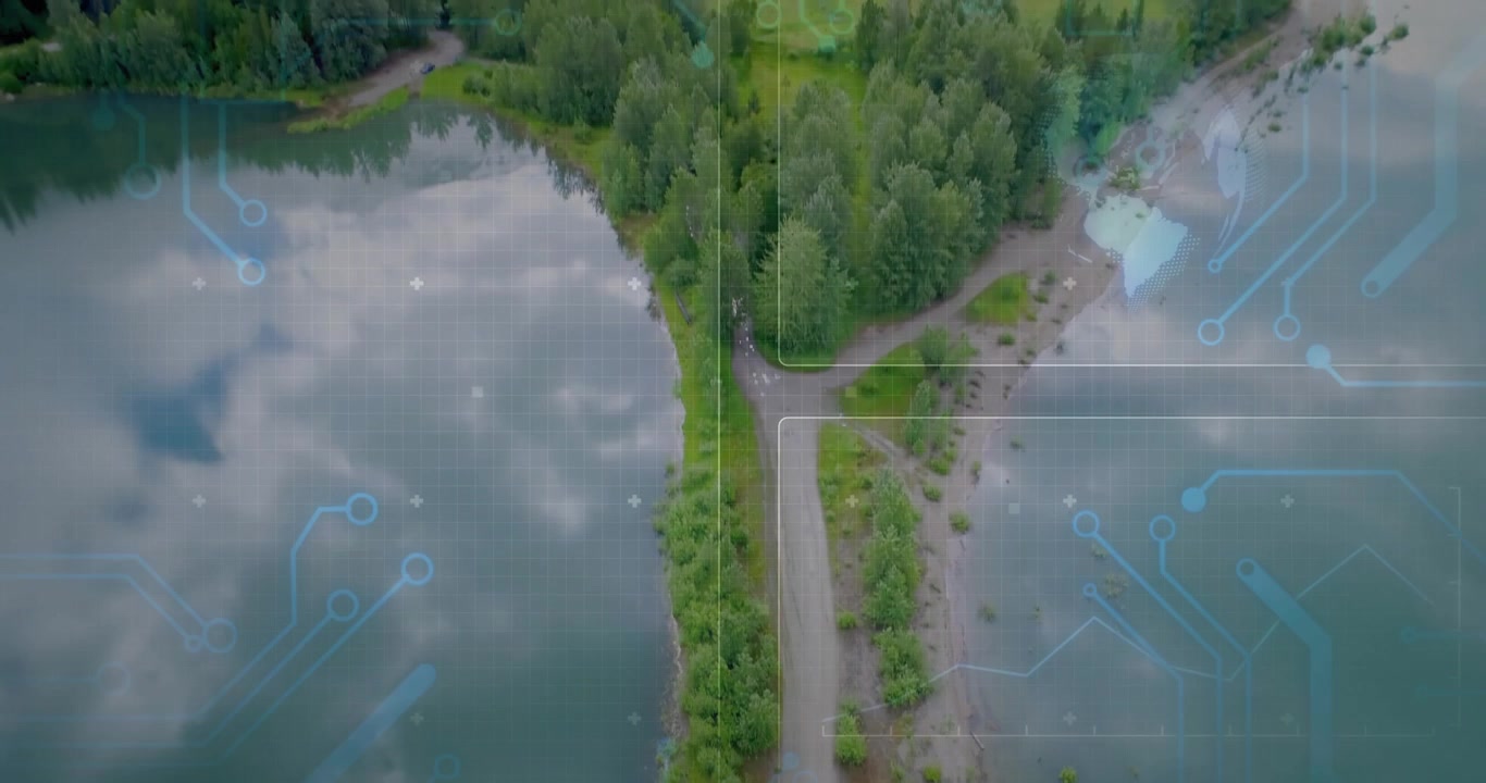 Camera panning along treed isthmus, tech UI overlays sliding across water and displaying shore data