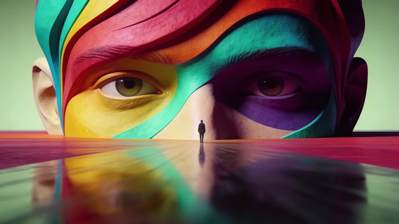 Stepping man in dark coat starting slow walk across glossy pool, painted head filling wall