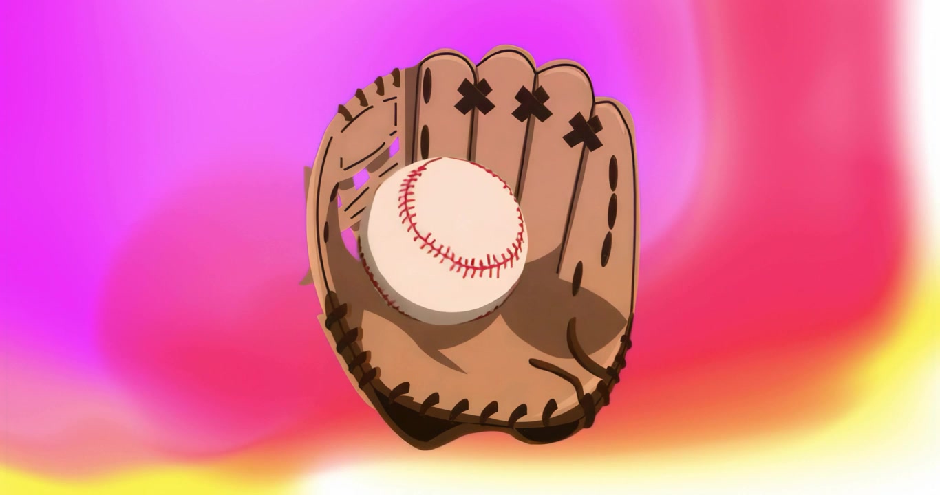 Dopo l'apertura dell'inquadratura, un guanto tiene una palla da baseball che gira, rivelando cuciture rosse su una sfumatura rosa-giallo.