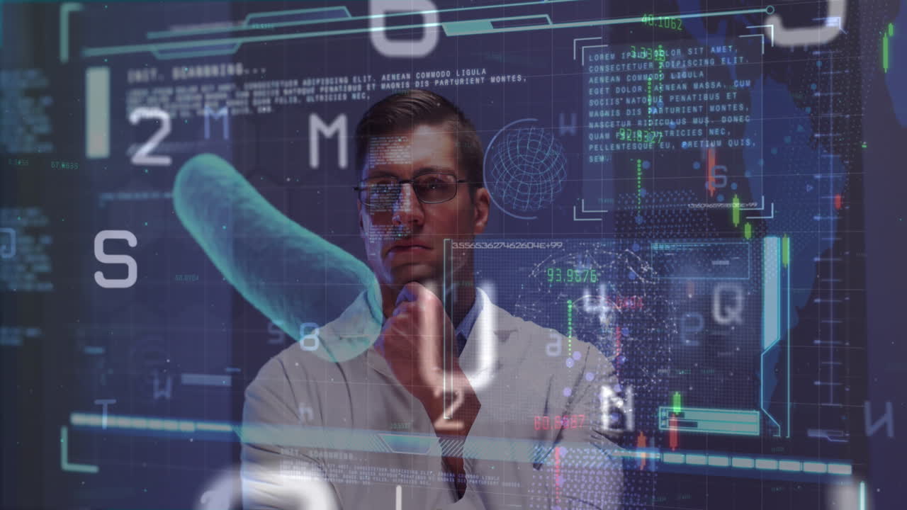 Animation of scientific data processing over caucasian male doctor