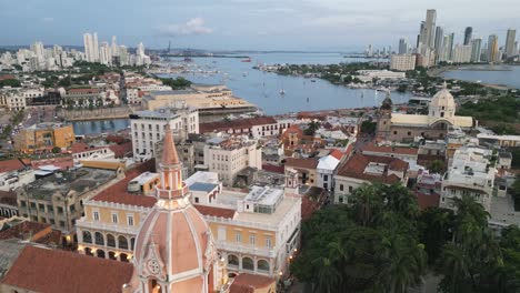 established-aerial-of-historical-old-town-wall-in-Cartagena-de-Indias-Caribbean-Sea-cityscape-drone-above-cathedral-with-port-ocean-view