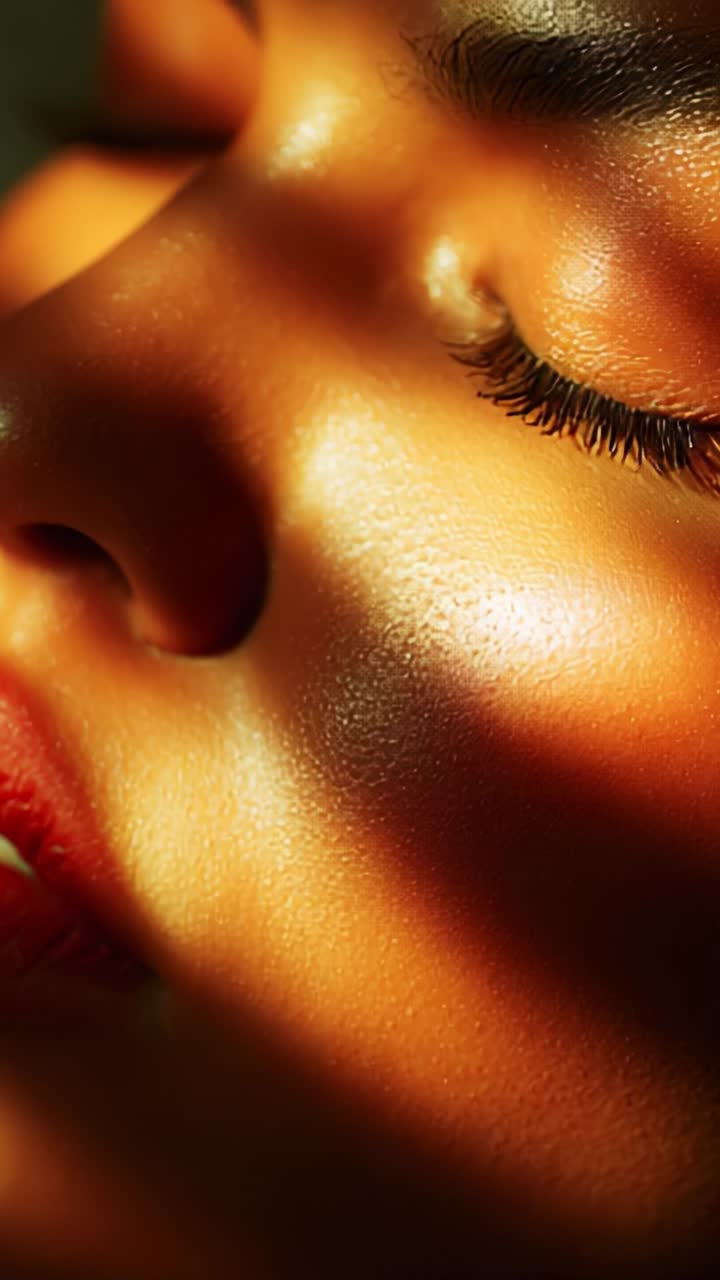 Un accattivante primo piano di un volto bellissimo, illuminato da luci calde e ombre, che cattura l'eleganza e la profondità dell'espressione con illuminazione naturale