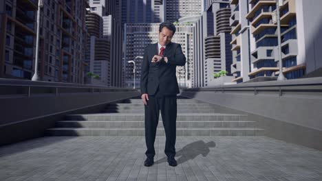 full body of asian business man checking watch in city