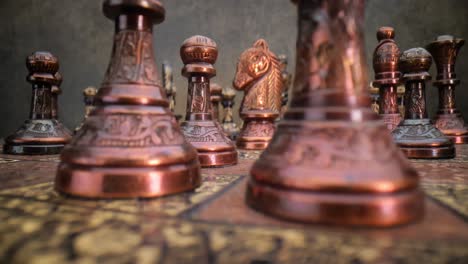 flight of the camera between vintage chess. super macro close-up.