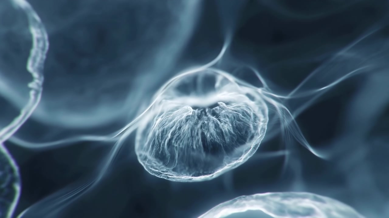Fili traslucidi bianchi si arricciano e si espandono attraverso l'oscurità dai toni blu, creando un movimento astratto fluido con riflessi tenui, forme arrotondate, texture stratificate e una composizione atmosferica.