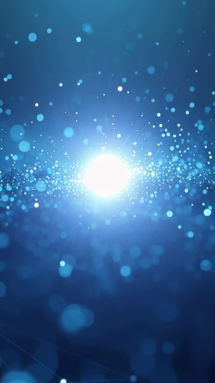 Video vertical: Destello azul central pulsante que emite bokeh post-pulso en un campo digital mostrando nodos