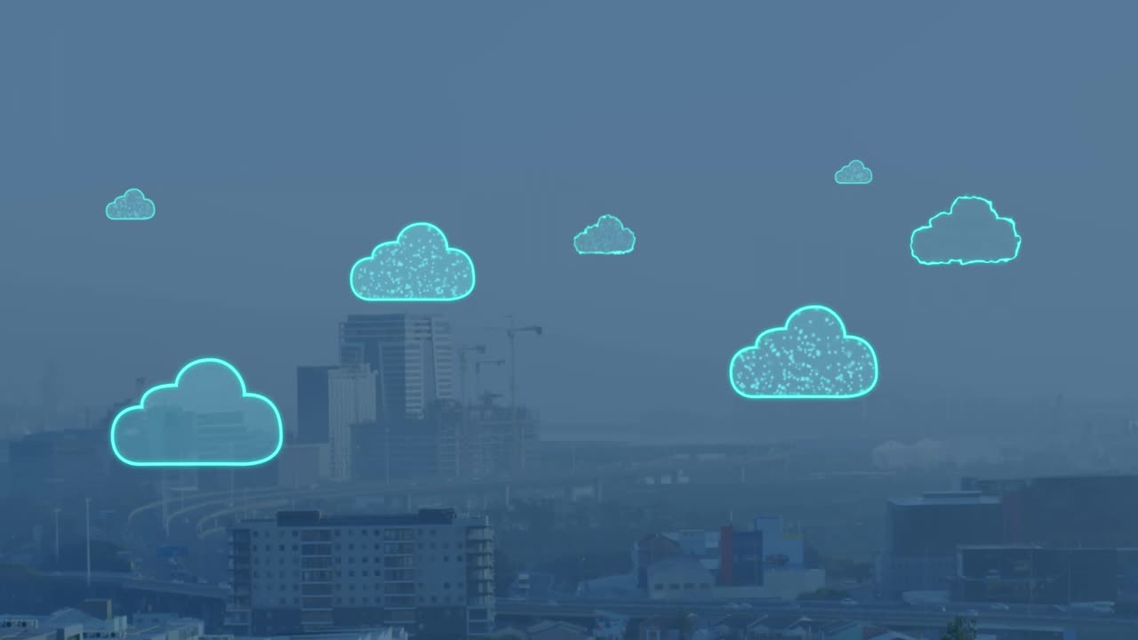 animación de nubes digitales volando sobre el paisaje urbano