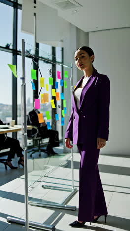 woman brainstorming ideas with sticky notes in an office