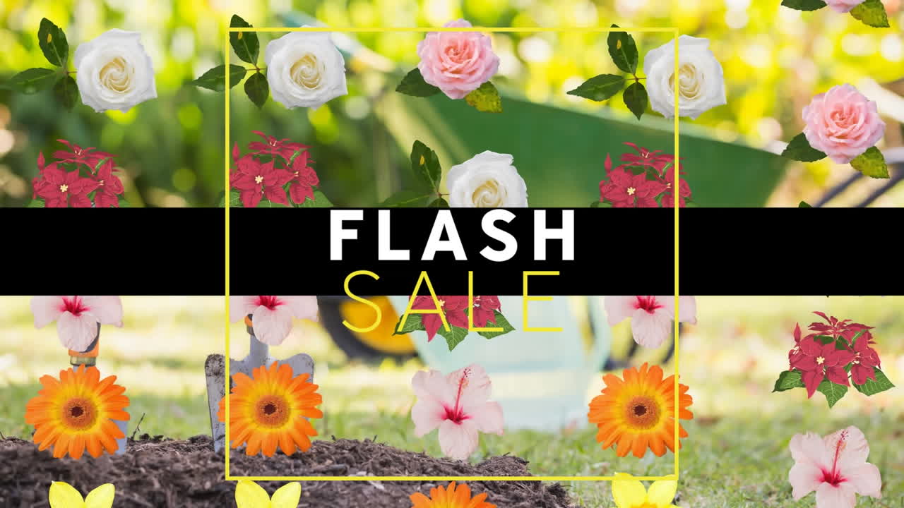 animación digital de flash venta texto banner sobre múltiples coloridas flores iconos contra el jardín