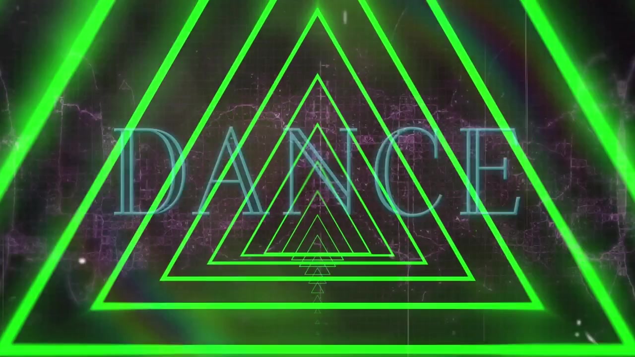 Animazione di triangoli concentrici in un motivo continuo su un banner di testo "dance" contro un'onda digitale.