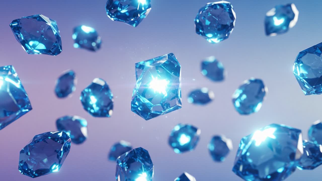 Floating Blue Crystals: A Mesmerizing Visual Journey Through Shimmering Gems in an Enchanting Ethereal Space