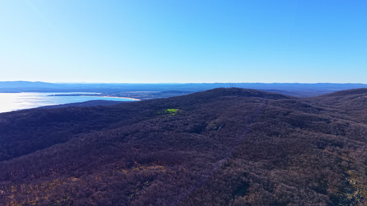 Vista ampia di montagne vicino a un lago con cielo sereno durante il giorno che mostra un'area boschiva e una costa distante