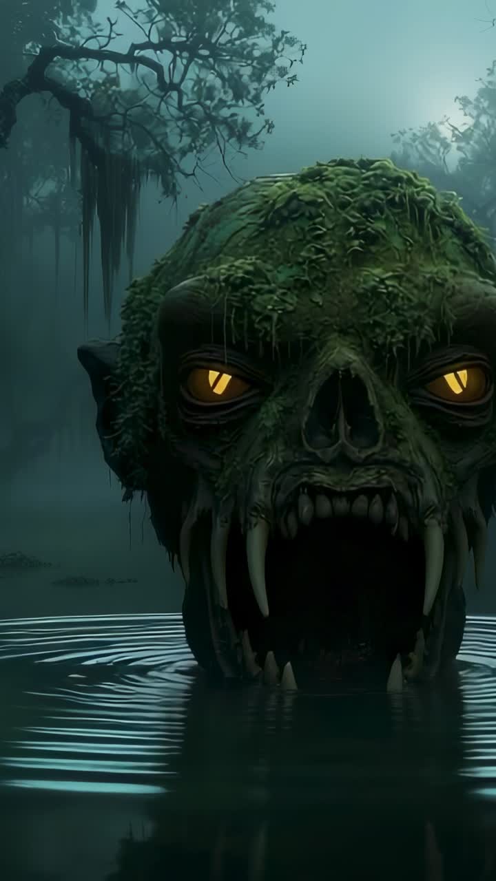 Vertical video: Emerging mossy skulllike head from bayou water, revealing glowing eyes and fangs