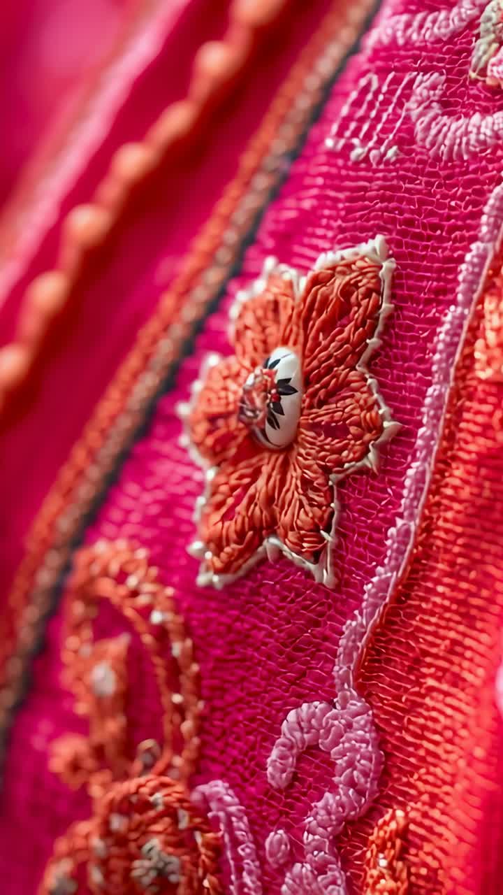 Vertical video: Starting lens focusing on floral motif in closeup, highlighting threads and button