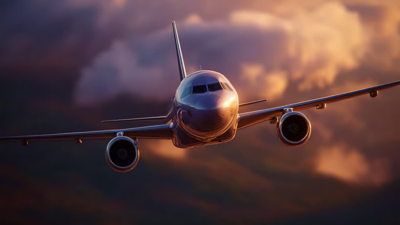 Sequenza di volo dinamica di un aereo moderno su un cielo nuvoloso e suggestivo al tramonto, che mette in mostra la tecnologia aeronautica e la bellezza aerea