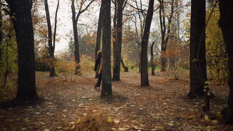 tourist walking through peaceful autumn woods, surrounded by tall trees and golden leaves, enjoying the crisp air and tranquility of nature, dressed in stylish black coat and yellow scarf