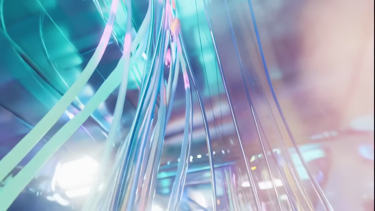 Dynamisk lavvinkelvideo af glødende fiberoptiske kabler i et futuristisk datacenter