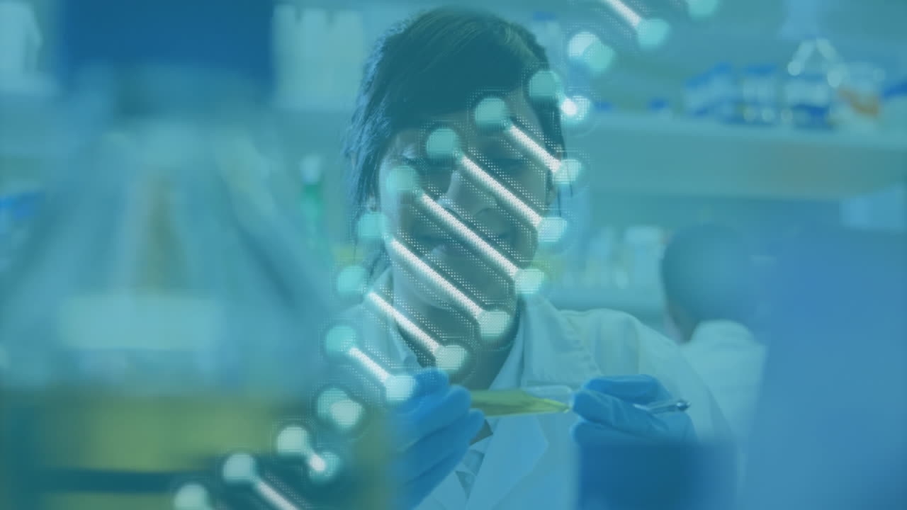 Animation of dna strand over biracial female scientist working in lab