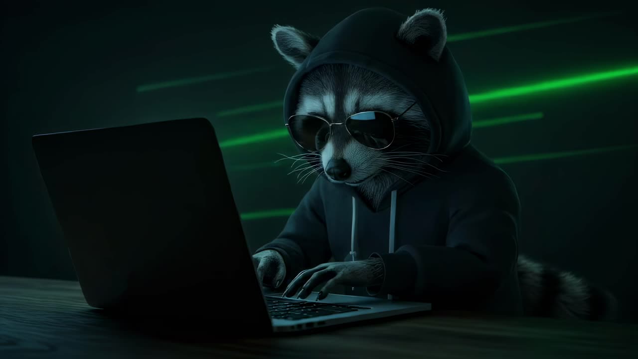 A clever raccoon, dressed in a cozy hoodie, skillfully navigates a laptop in a dimly lit room, demonstrating its savvy tech antics during the nighttime hours