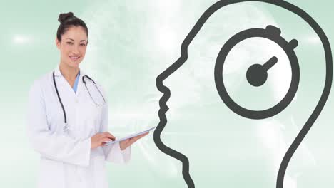 Animation-of-biracial-female-doctor-and-head-with-clock-icon-over-digital-brain