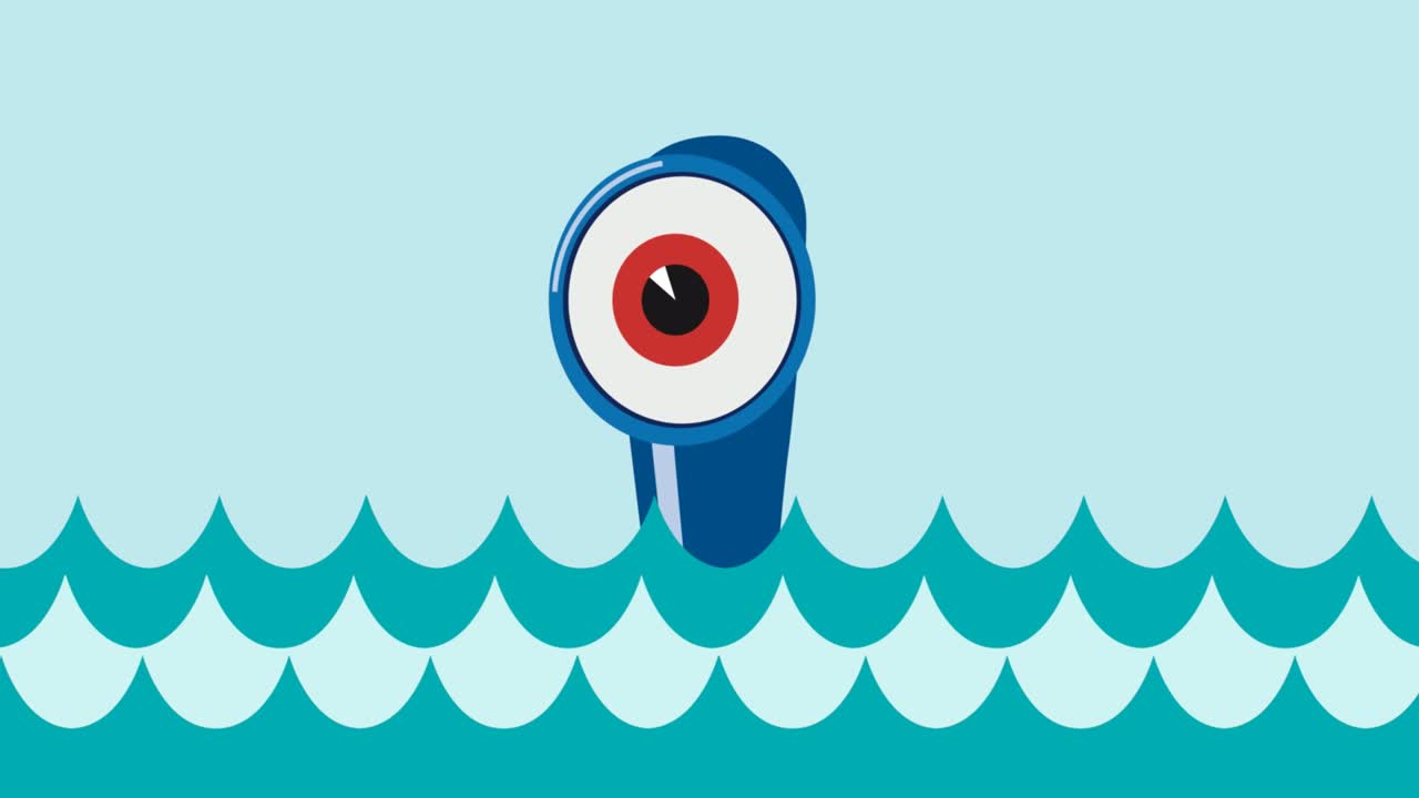 잠수함의 출현, 왼쪽과 오른쪽을 바라보는 눈 모양의 페리스코프, 새로운 기회를 발견하는 애니메이션 일러스트