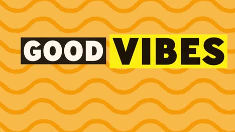 Animation-of-good-vibes-text-banner-over-wavy-stripes-pattern-against-yellow-background